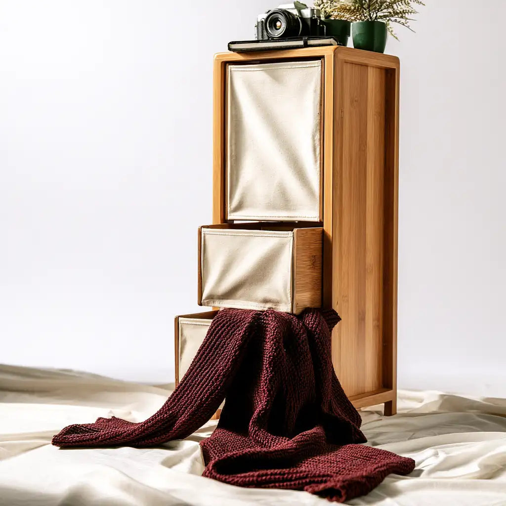 Mobile contenitore dalla forma compatta, marrone e beige, per la casa